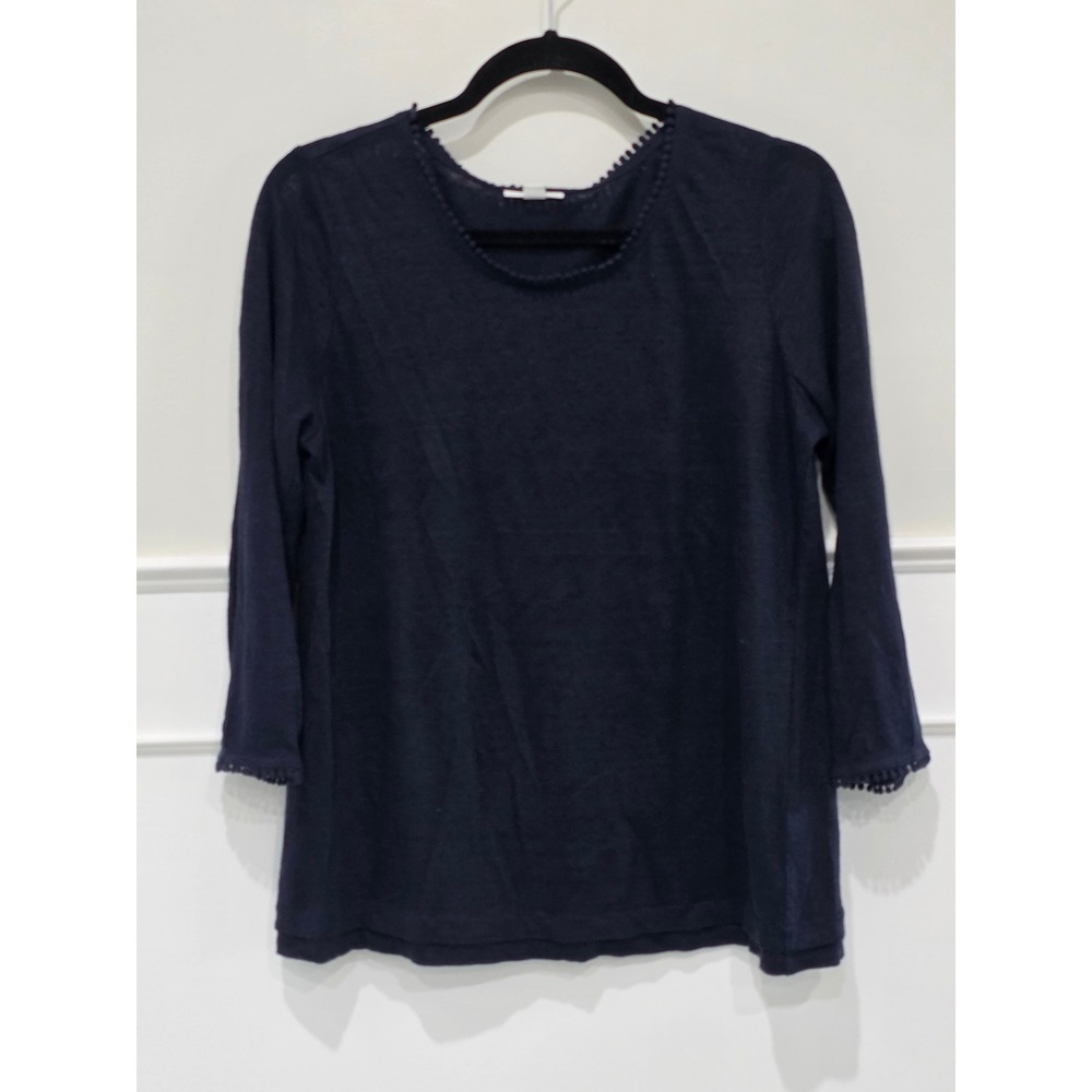 J. Jill Love Linen Navy Blue Pom-Pom‎ Trim Scoop Neck Top Small Long Sleeve